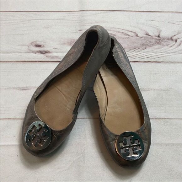 Tory Burch Minnie Travel Ballet Flats In Gunmetal - Picture 1 of 14